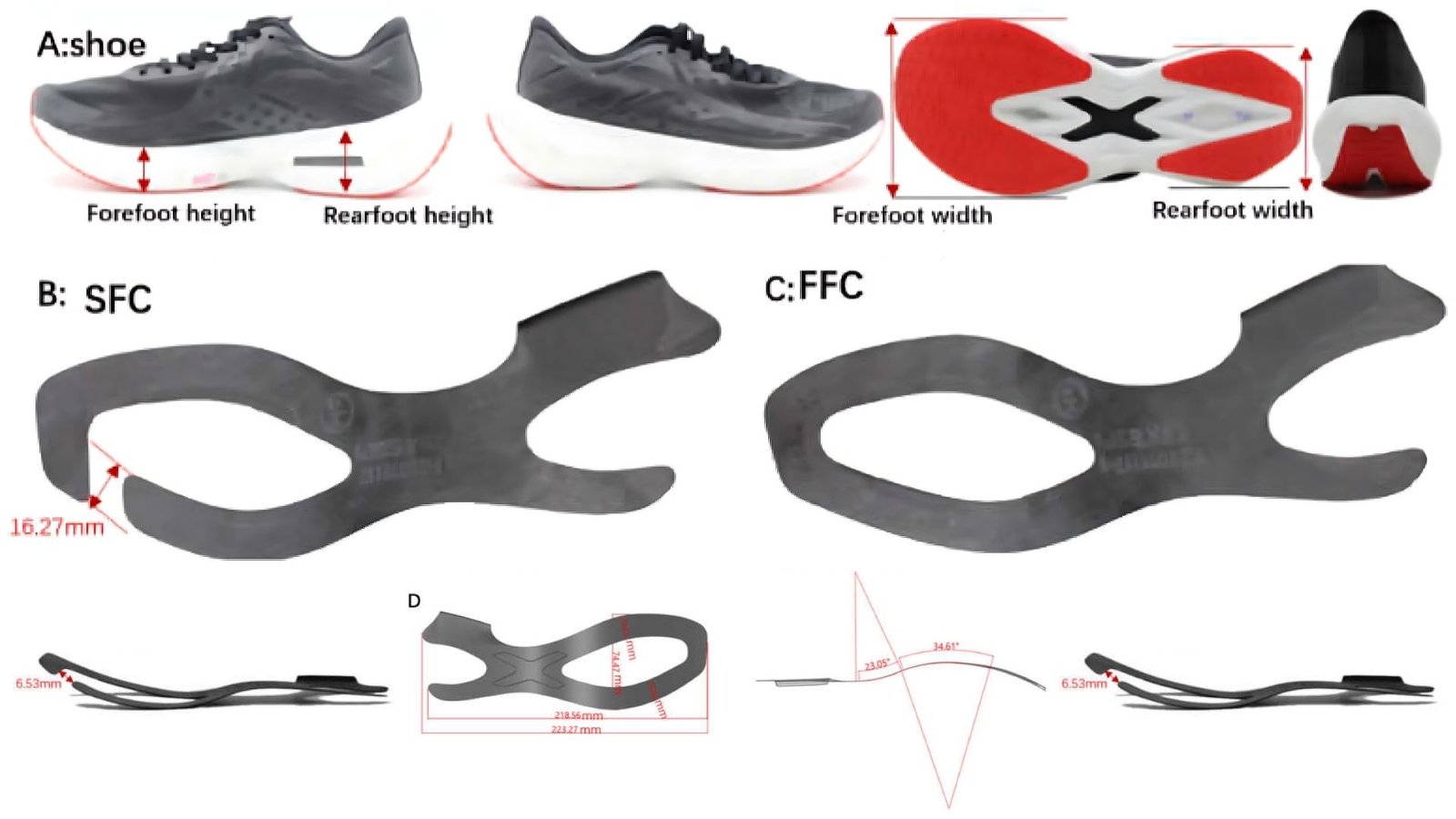 Injection molded energy return systems and lightweight plastic components for high-performance running gear