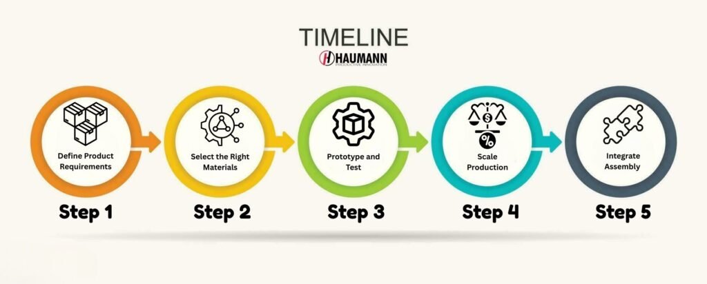 Infographic showing five steps of launching a custom injection molding project from design to production