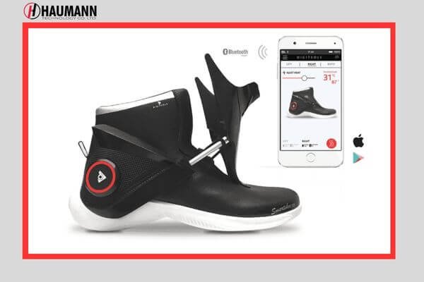 Smart connected sports shoes linked to a mobile fitness app.