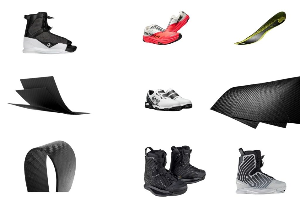 Molded sporting goods including wakeboard boots, running shoes, and carbon fiber plates