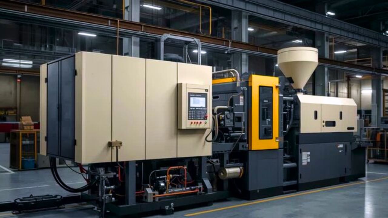 Custom plastic injection molding process in action at a manufacturing plant.