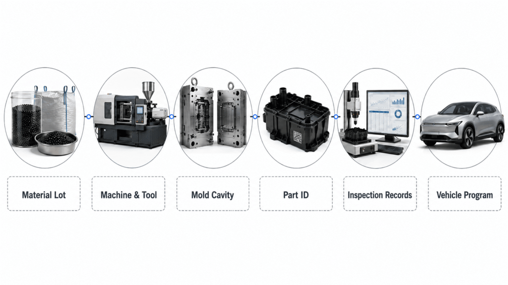 Traceability flow linking material lot, molding machine, cavity, part identification, inspection records and vehicle