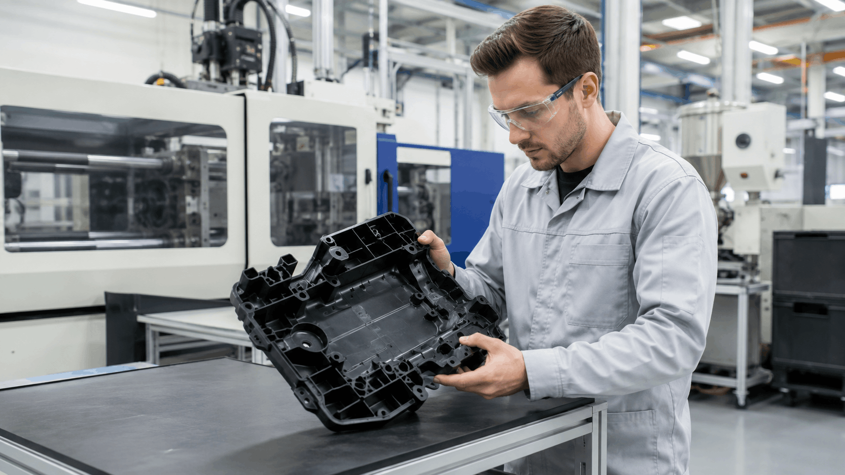 Automotive plastic parts manufacturer inspecting an injection-molded component for quality control