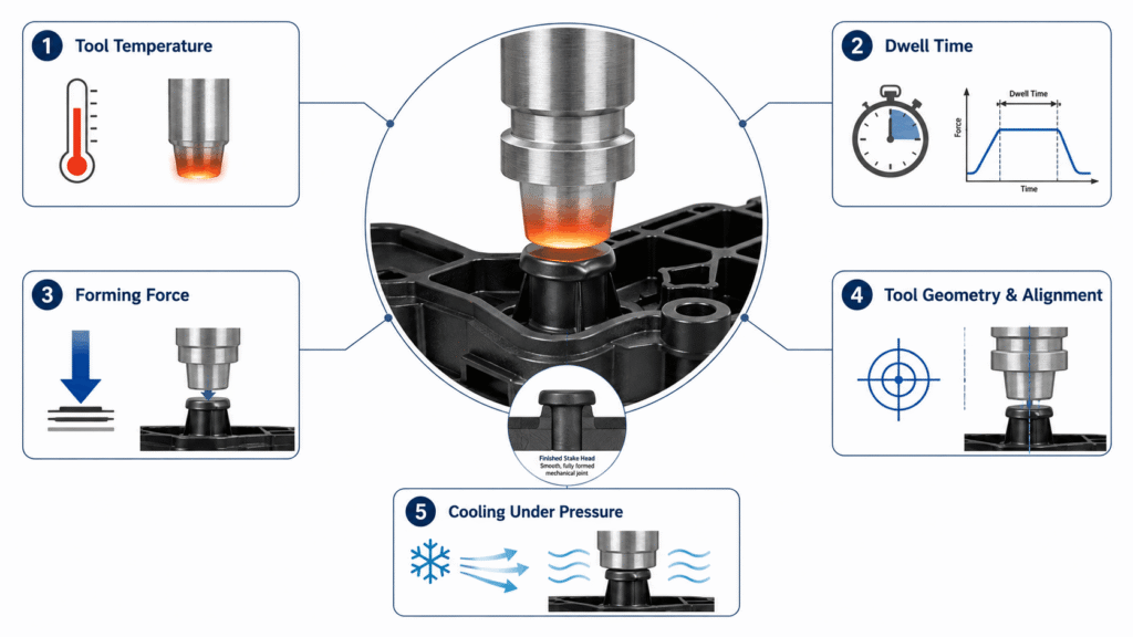 Five heat-staking parameters including temperature, dwell time, force, tooling alignment, and cooling