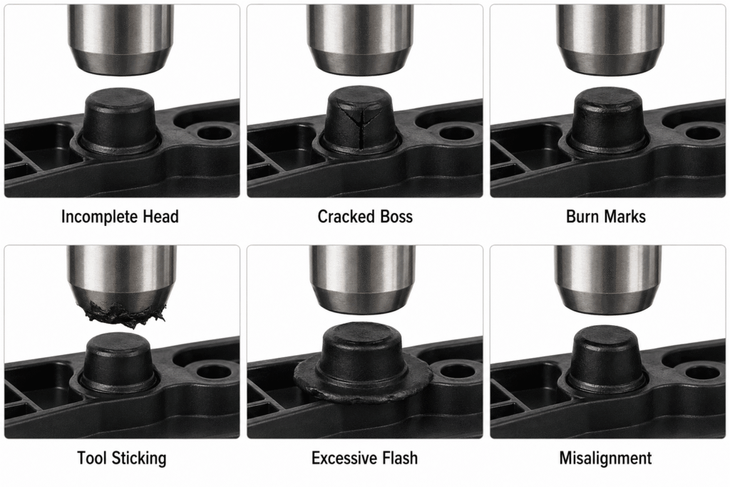 Comparison of incomplete heads, cracked bosses, burn marks, sticking, flash, and misalignment in heat staking
