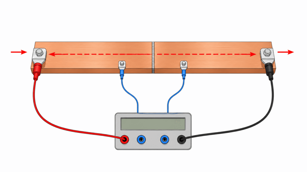 Four-wire Kelvin setup measuring low contact resistance across a welded copper busbar joint