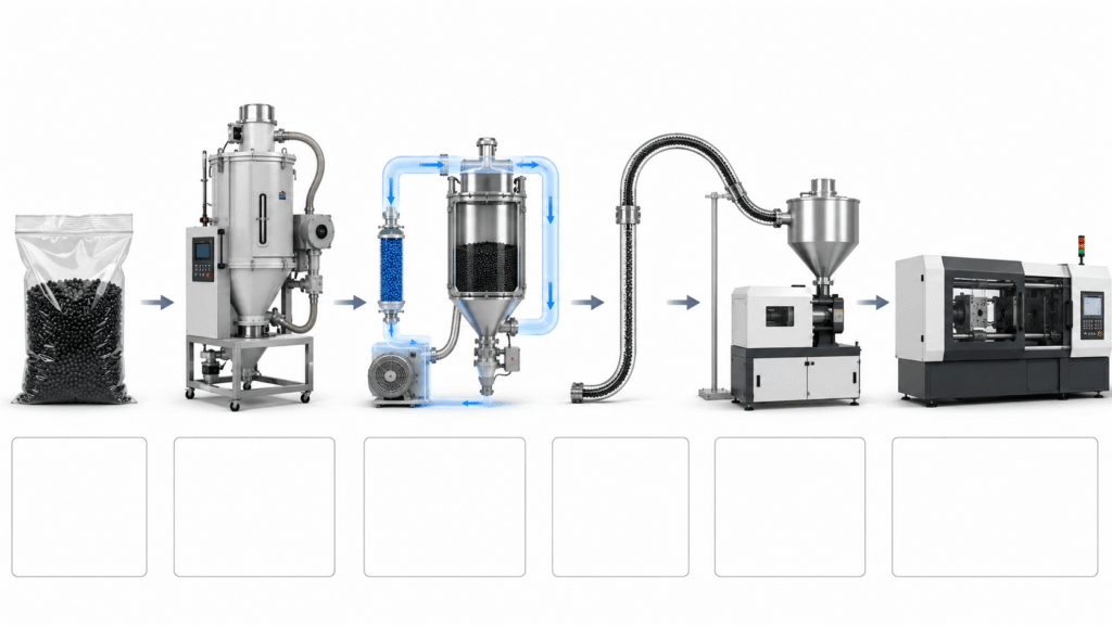 PA66-GF30 drying process showing sealed resin, desiccant dryer, closed conveying, and injection molding