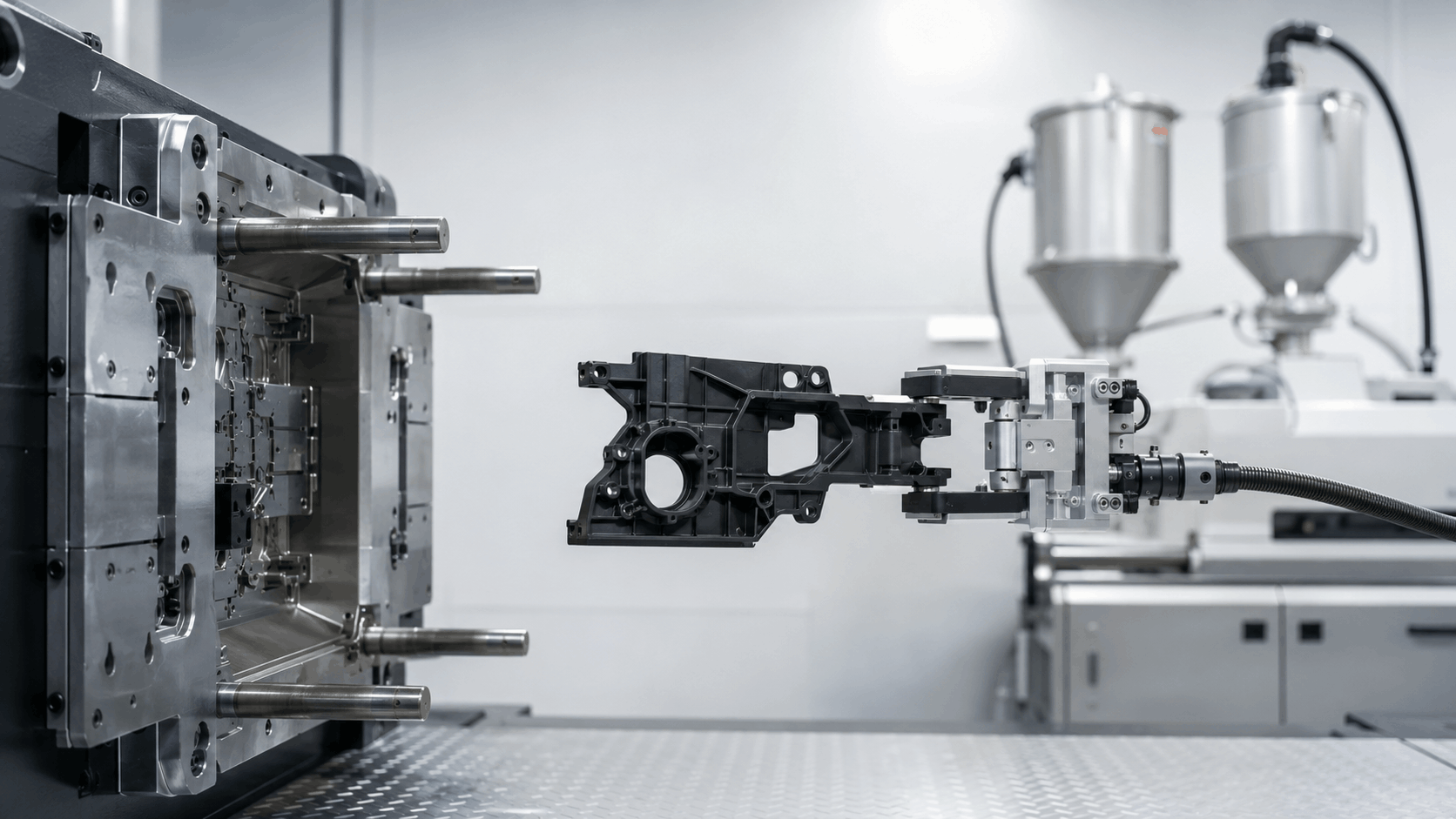 Injection molding machine producing a precision PA66-GF30 automotive component with controlled material drying
