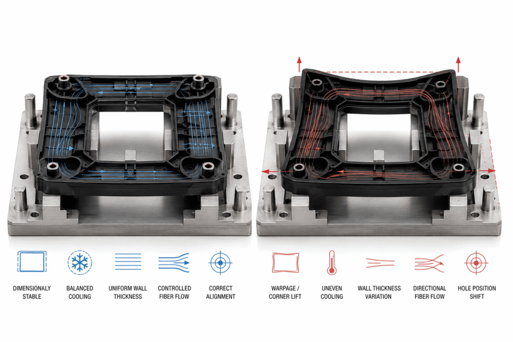 Comparison of a dimensionally stable PA66-GF30 part and a warped part caused by uneven cooling and fiber orientation