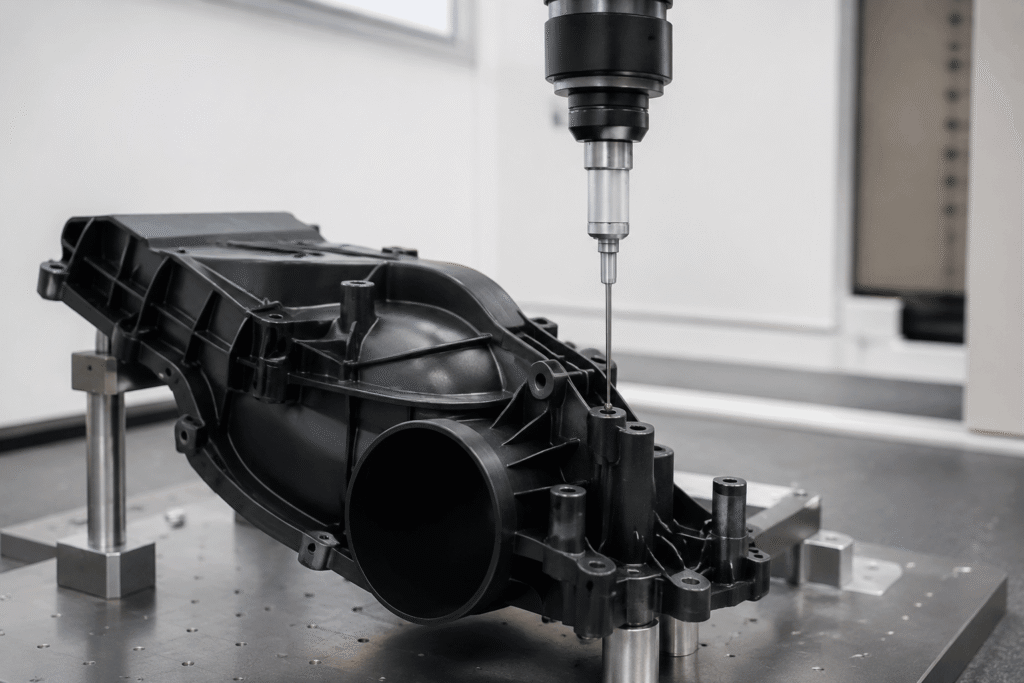 CMM probe measuring critical dimensions on an injection-molded automotive plastic housing