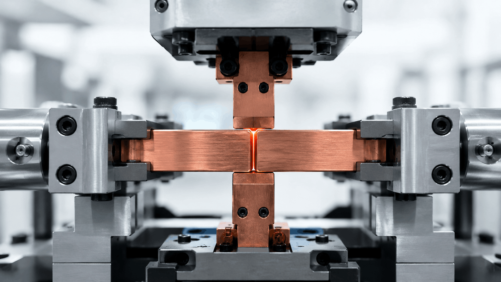Automated resistance butt welding of copper EV busbars in an end-to-end configuration