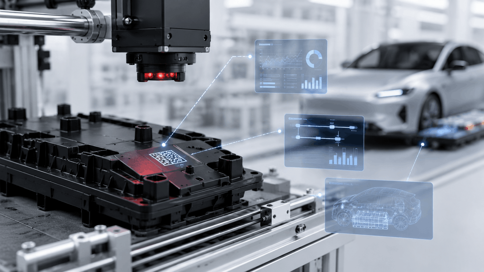 Injection-molded automotive battery component with DataMatrix identification on an automated production line