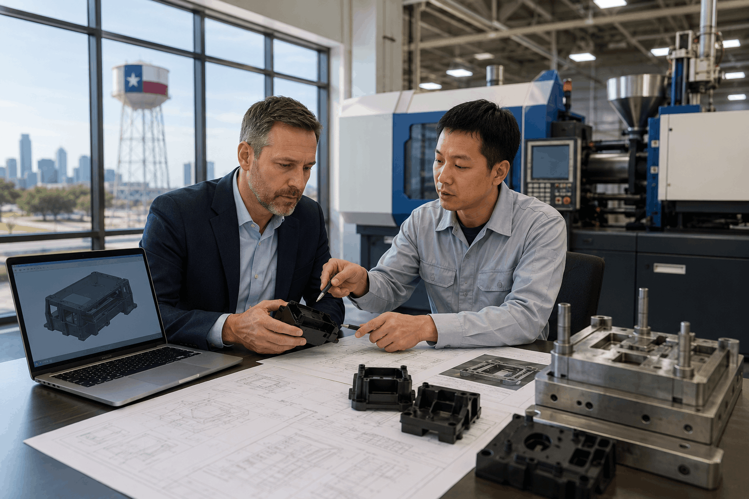 Engineer reviewing injection mold tooling and plastic part design for a Texas manufacturing project