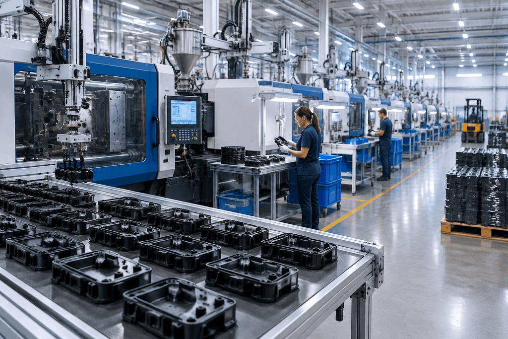 High volume plastic injection molding production facility manufacturing custom molded plastic parts