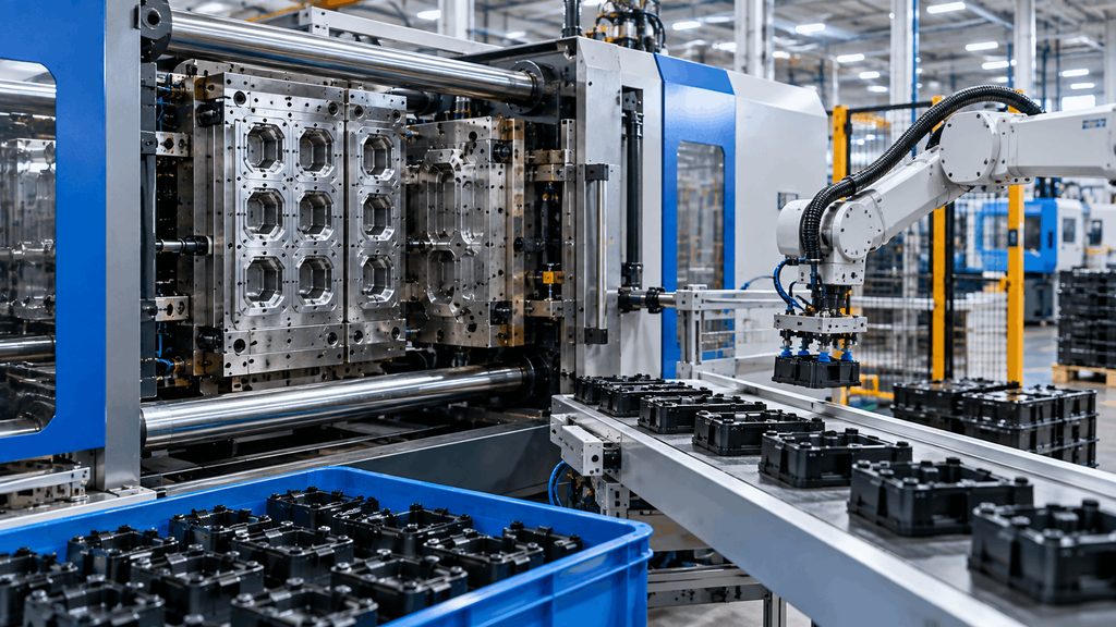 High volume injection molding production with multi-cavity tooling and automated manufacturing