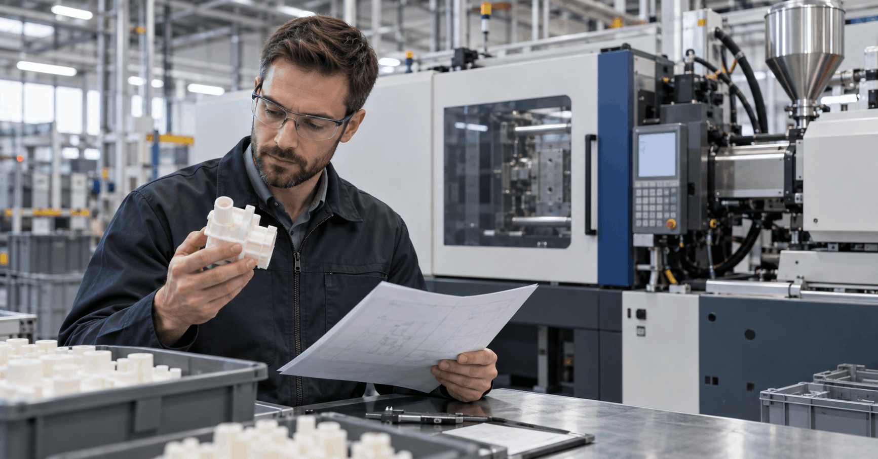 Engineer reviewing injection molded parts and manufacturing options with an injection molding machine in the background