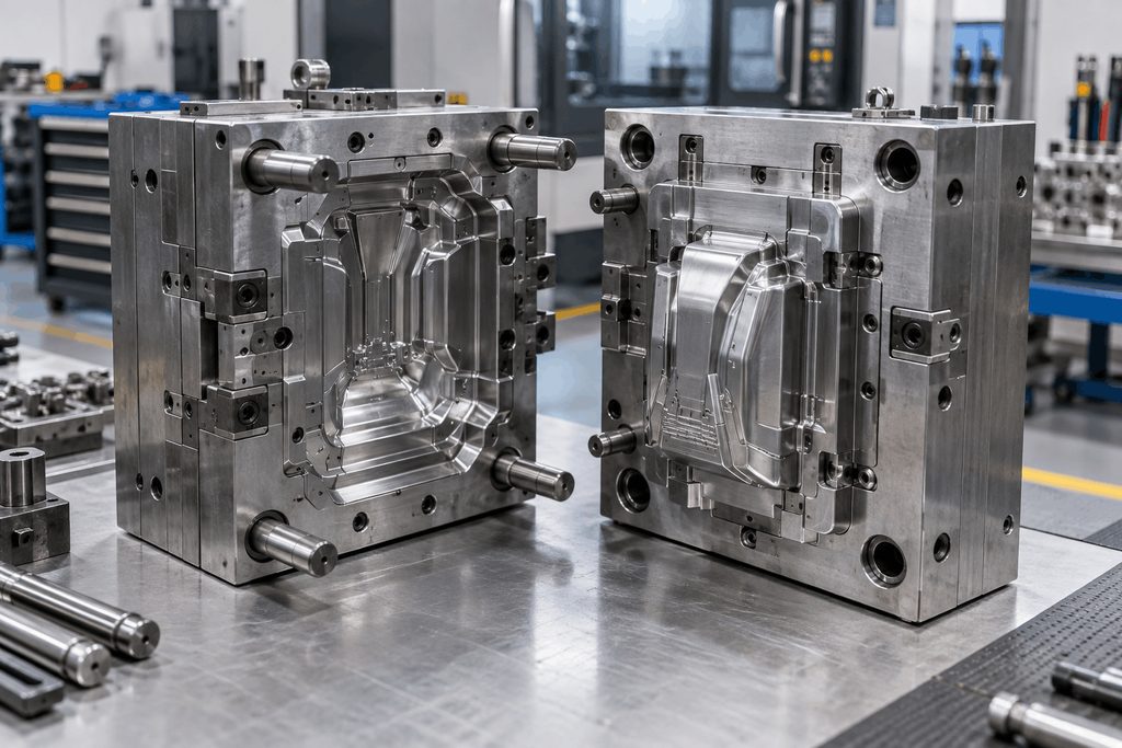 Precision steel injection mold showing cavities and tooling components