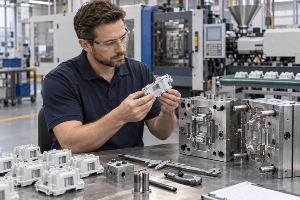 Photorealistic manufacturing engineer at a clean industrial workstation carefully inspecting a precision injection molded plastic component and a metal injection mold component, hands naturally holding the part, injection molding equipment softly visible in the background, professional design-for-manufacturing and quality review environment, realistic engineering workplace, clean organized scene, subtle measuring tools on the workbench without readable markings, natural professional posture, premium B2B industrial photography, realistic materials and proportions, simple uncluttered composition, soft neutral factory lighting, no computer screen text, no floating graphics, no charts, no diagrams, no arrows, no labels, no logos, no brand names, no watermark, landscape 3:2 aspect ratio.