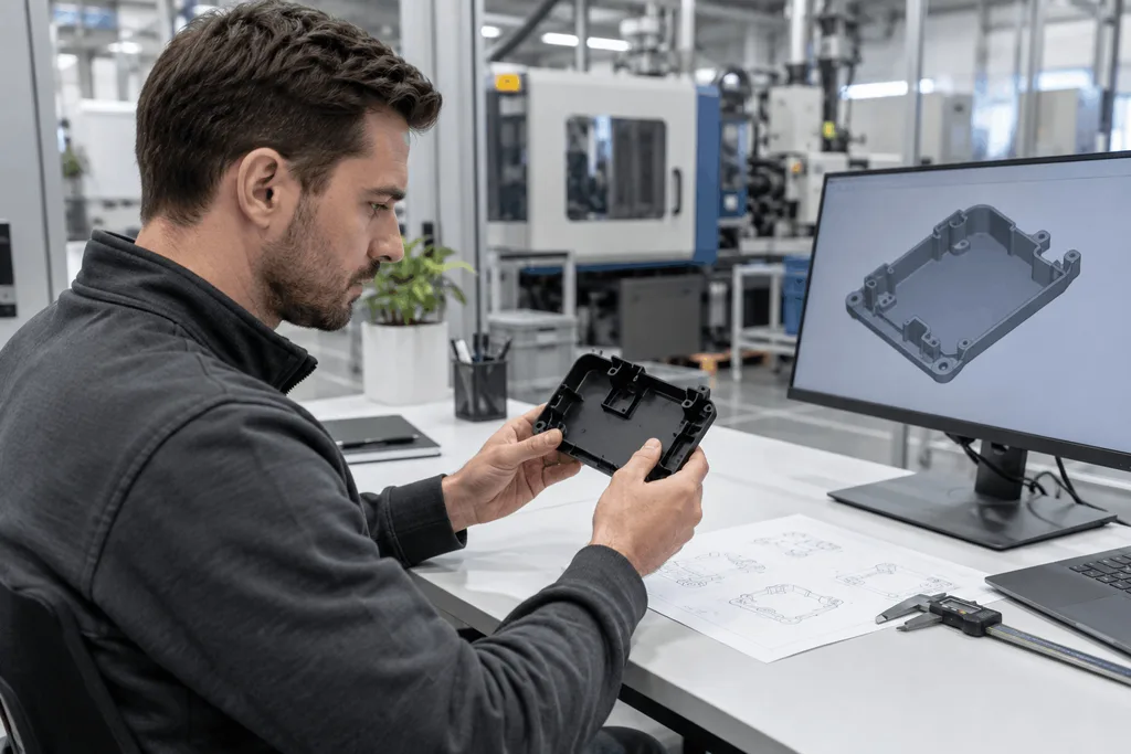 Engineer reviewing a plastic part design for injection molding manufacturability