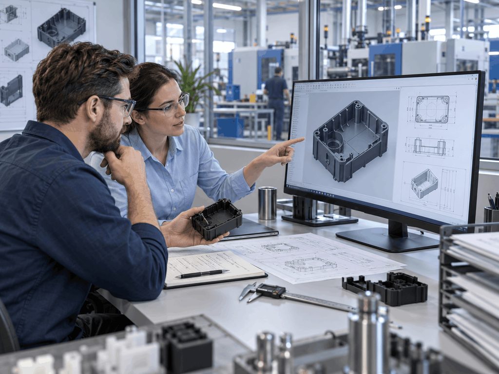 Engineers reviewing plastic part design and DFM requirements for custom injection molding project