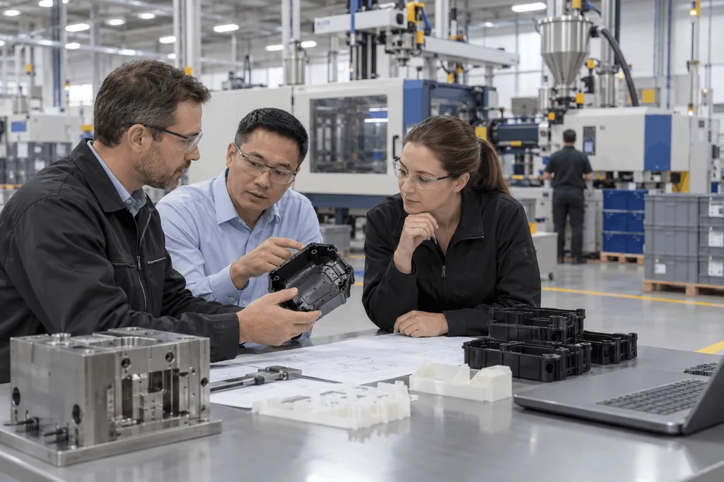 Engineering and manufacturing team discussing injection molding production requirements