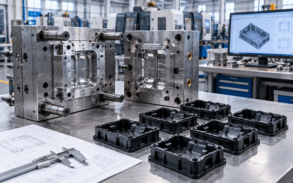 Injection molding tooling and finished plastic parts used to calculate manufacturing cost per part