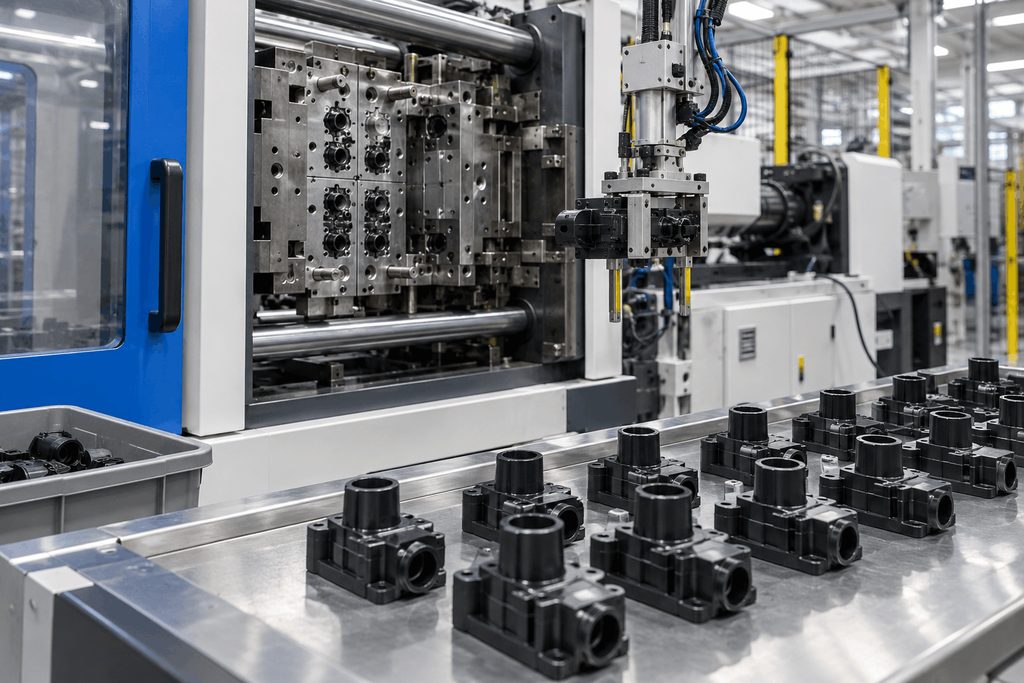 Multi-cavity injection molding production with multiple finished plastic parts