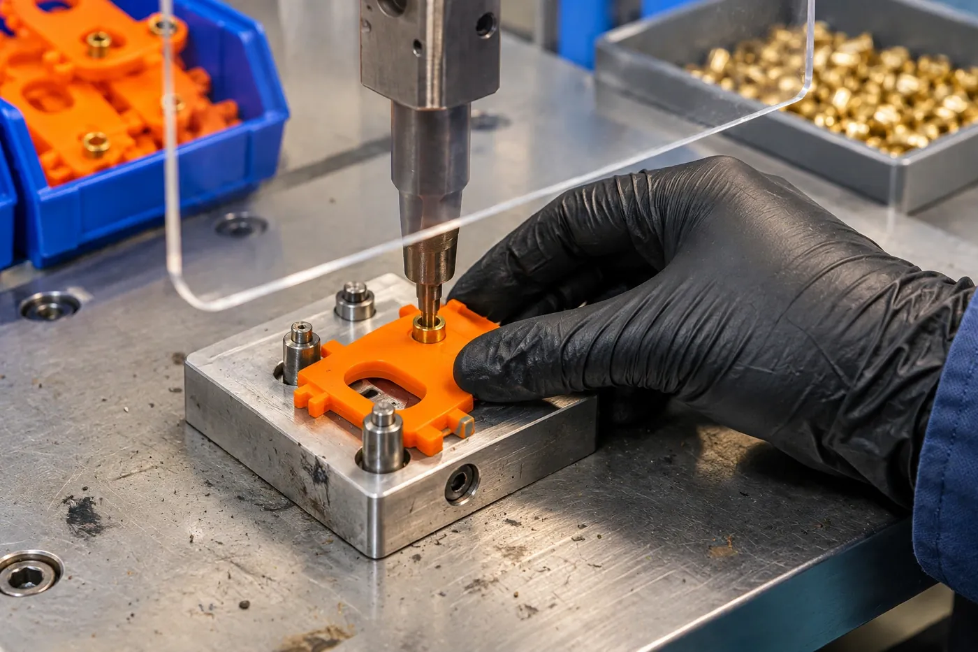 Heat staking press installing a brass threaded insert into an orange injection moulded plastic part held in a fixture