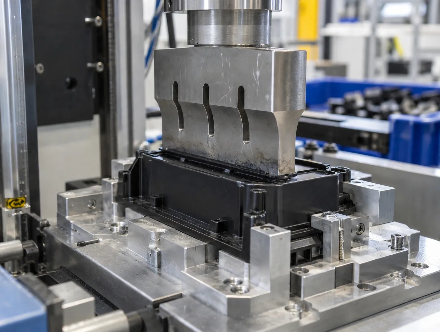 Ultrasonic welding horn welding a black injection moulded plastic housing held in a precision metal fixture
